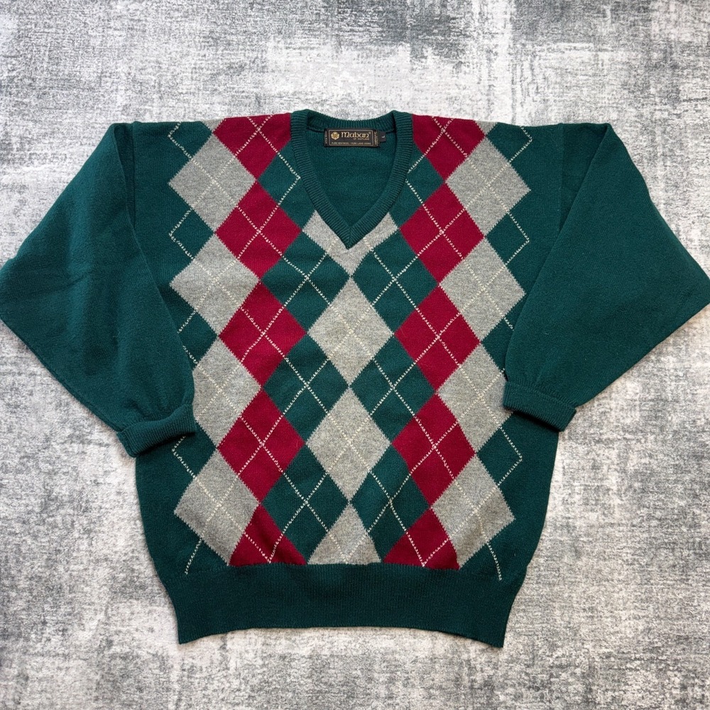 VTG Maban Of Scotland Sweater Men Large Green Argyle Diamond Wool Golf Old Money